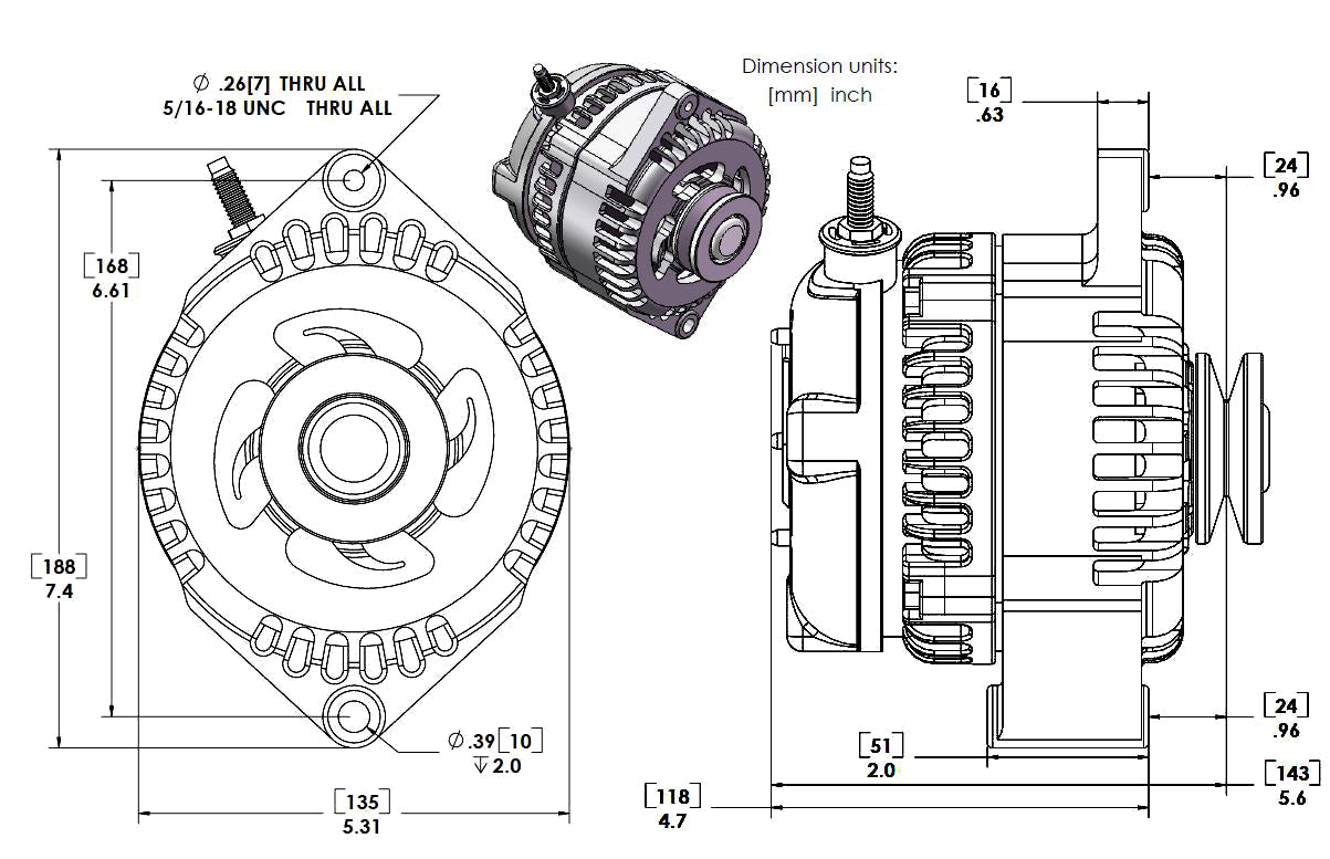 Marine 170 amp high output alternator for Ski / Wake Board Boats with 12SI 6.61 inch bolt pattern 6-Grove Serpentine Pulley