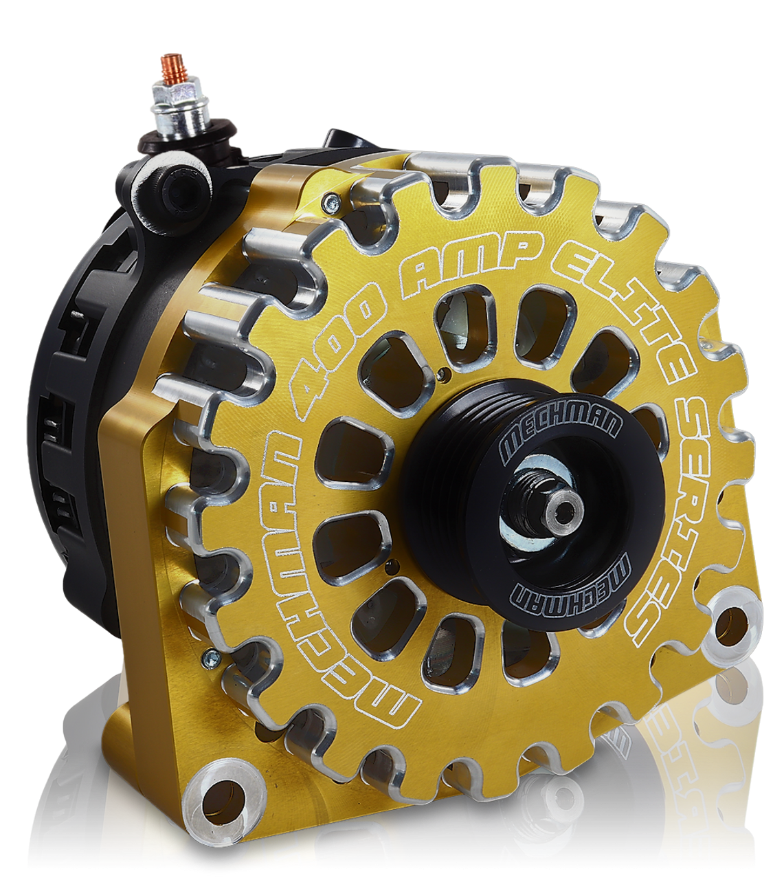 High Output 400A large case BILLET alternator for 2001-2007 GM truck 6.6l Diesel - side output stud - GOLD | B11348400GO | in Signature 400's | Brand Mechman
