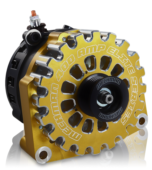 High Output 400A large case BILLET alternator for 2001-2007 GM truck 6.6l Diesel - side output stud - GOLD | B11348400GO | in Signature 400's | Brand Mechman