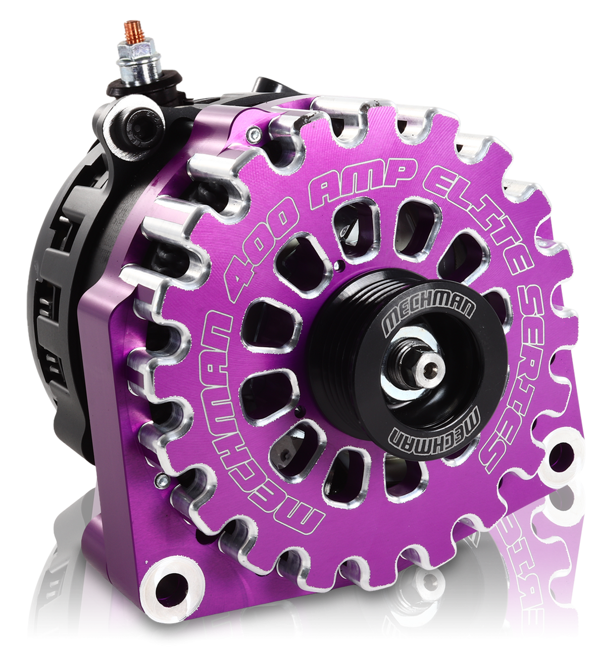 High Output 400A large case BILLET alternator for 2001-2007 GM truck 6.6l Diesel - side output stud - PURPLE | B11348400PU | in Signature 400's | Brand Mechman