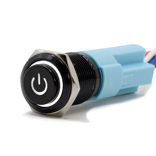 Latching Black Power Symbol 12V Push Button Switch SPDT - White