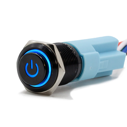Latching Black Power Symbol 12V Push Button Switch SPDT - Blue
