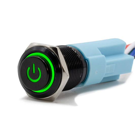 Latching Black Power Symbol 12V Push Button Switch SPDT - Green