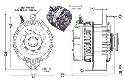 S Series 6 Phase High Output 240 Amp Alternator with 6.61" - Chrome w/March 1.75" Pulley and Fan