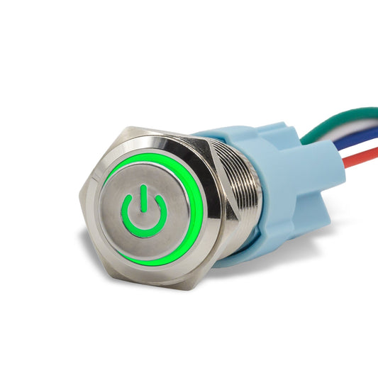 Latching Aluminum Power Symbol 12V Push Button Switch SPDT Two Pack - Green