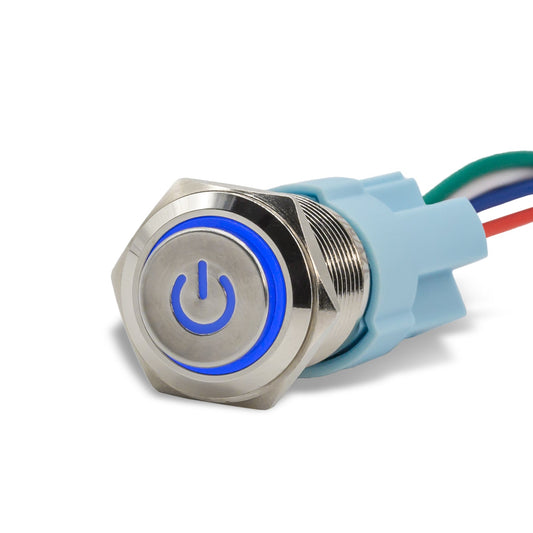 Latching Aluminum Power Symbol 12V Push Button Switch SPDT Two Pack - Blue